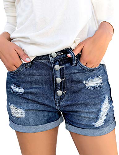 Roskiky Damen Hohe Taille Kurze Hose Strecken Zerrissen Gefalteter Saum Denim Kurze Jeans mit Knöpfen Tiefes Blau, Größe L von Roskiky