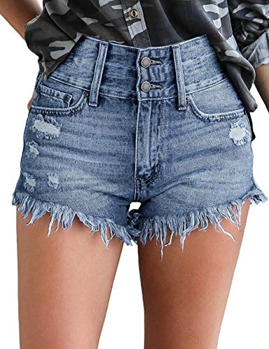 Roskiky Damen Hohe Taille Kurze Hose Strecken Zerrissen Roher Saum Denim Kurze Jeans, L, H-blau von Roskiky