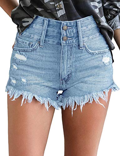 Roskiky Damen Hohe Taille Kurze Hose Strecken Zerrissen Roher Saum Denim Kurze Jeans, M, H-hellblau von Roskiky