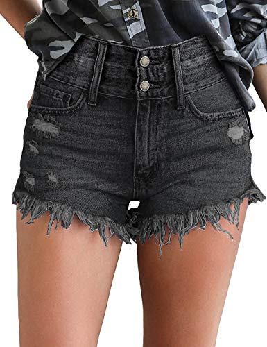 Roskiky Damen Hohe Taille Kurze Hose Strecken Zerrissen Roher Saum Denim Kurze Jeans Schwarz Größe XXL von Roskiky