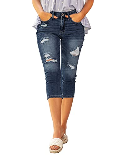 Roskiky Damen Jeans mit Löchern High Waist Locker Dunkelblau Caprihose Sommer M von Roskiky