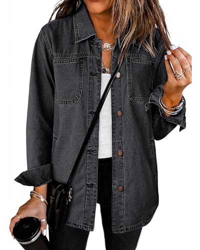 Roskiky Damen Jacke Übergang Hemdjacke Damen Herbst Jacke Schwarz Mit Tasche Western-Arbeitsjacke Faded Black L von Roskiky