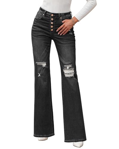 Roskiky Damen Jeans Stretch Boyfriend Jeans Damen High Waist Jeans Baggy Damen Schwarze Jeans Damen High Waist Jeans Große Größen Damen Schwarz XL von Roskiky