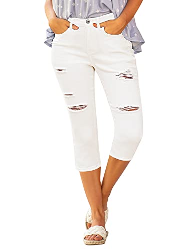 Roskiky Damen Jeans Stretch Jeans mit Löchern Damen High Waist Jeans Damen Stretch Weiße Hose Damen High Waist Damenjeans XXL von Roskiky