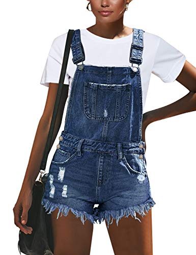 Roskiky Damen Jeanslatzhose mit Taschen Roher Saum Denim Overalls Dunkelblau Größe L von Roskiky