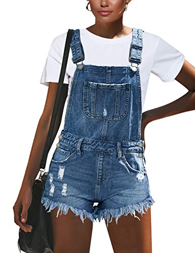 Roskiky Damen Jeanslatzhose mit Taschen Roher Saum Denim Overalls Hellblau Größe L von Roskiky