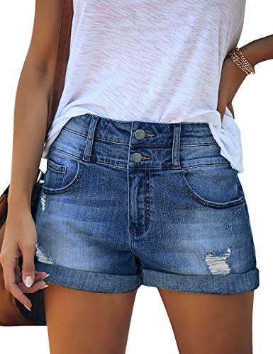 Roskiky Damen Kurze Jeans Strecken Zerrissen Rollsaum Waschung Jeans Shorts Blau, XL von Roskiky