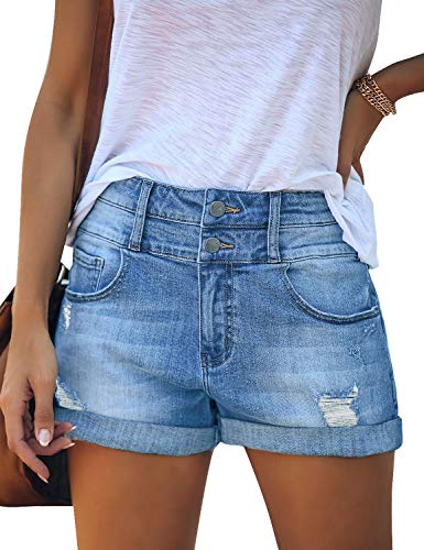 Roskiky Damen Kurze Jeans Strecken Zerrissen Rollsaum Waschung Jeans Shorts Himmelblau, S von Roskiky