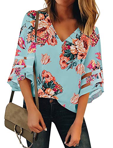 Roskiky Damen Lose Bluse 3/4 Glocken Ärmel mit Netzstoff am Ärmel Hellblau Geblühmt X-Large von Roskiky
