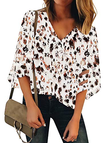 Roskiky Damen Lose Bluse 3/4 Glocken Ärmel mit Netzstoff am Ärmel Leopard Gedruckt Large von Roskiky