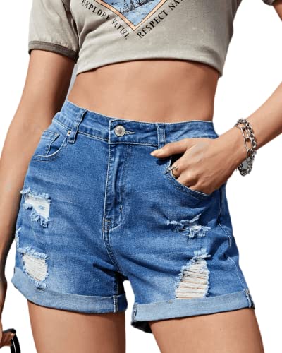 Roskiky Damen Mid Rise Shorts Stretch Fransen Ripped Rolled Hem Denim Jeans Shorts Hellblau, Größe L von Roskiky
