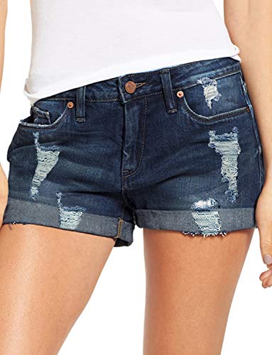 Roskiky Damen Mittlerer Aufstieg Denim Kurze Hose Zerrissen Gefalteter Saum Jeans Dunkelblau, Größe L von Roskiky