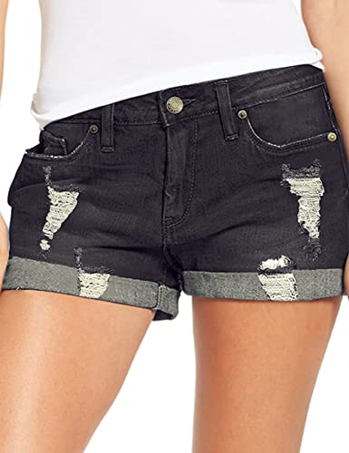 Roskiky Damen Mittlerer Aufstieg Denim Kurze Hose Zerrissen Gefalteter Saum Jeans Schwarz, Größe M von Roskiky