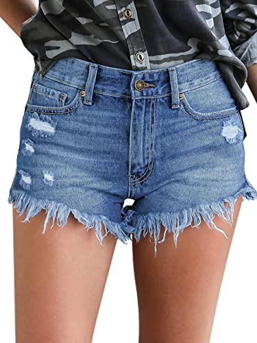 Roskiky Damen Mittlerer Aufstieg Kurze Hose Strecken Zerrissen Roher Saum Denim Kurze Jeans Blau, Größe XL von Roskiky