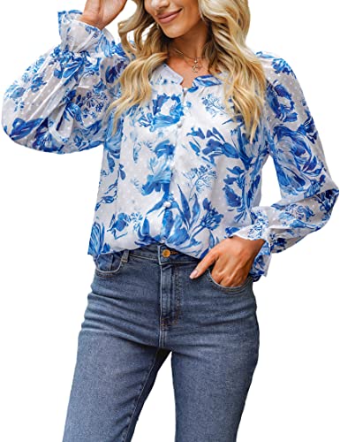 Roskiky Damen Oberteile Elegant Ausgefallene Tunika Tunika Damen Langarm Herbst Shirt Damen Sommer Hemdbluse Damen Lang Bluse Blau Damen Blau geblümt S von Roskiky