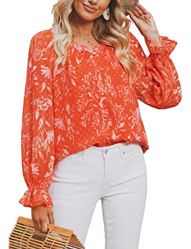 Roskiky Damen Oberteile Sommer Boho Bluse Damen Tunika Damen Lang Damen Tops Sommer Blusen Damen Elegant Festlich Langarmshirts Für Damen Bluse Pink Damen Orangeade geblümt L von Roskiky