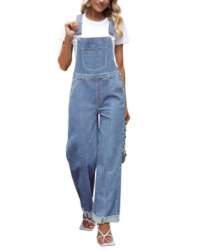 Roskiky Damen-Overall Denim lockere Passform weites Bein Latz Stretch Baggy-Jeans Overall Y2K bequem S Blau von Roskiky