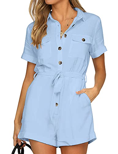 Roskiky Damen Sommer Taschen Gürtel Strampler Knopf Kurzarm Jumpsuit Playsuit Hellblau L von Roskiky