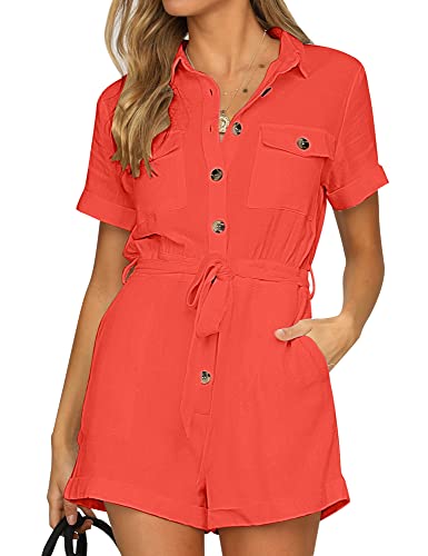 Roskiky Damen Sommer Taschen Gürtel Strampler Knopf Kurzarm Jumpsuit Playsuit Kirschtomatenrot L von Roskiky