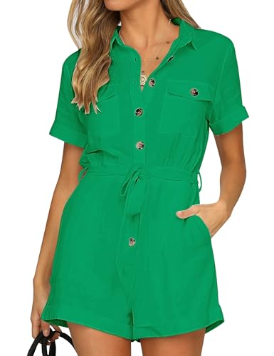 Roskiky Damen Sommer Taschen Gürtel Strampler Knopf Kurzarm Jumpsuit Playsuit Lustiges Grün 2XL von Roskiky