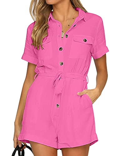 Roskiky Damen Sommer Taschen Gürtel Strampler Knopf Kurzarm Jumpsuit Playsuit Rosa 2XL von Roskiky