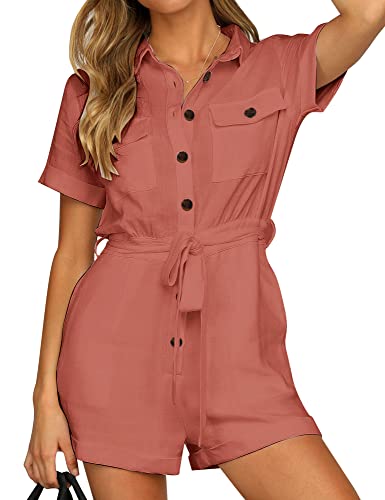 Roskiky Damen Sommer Taschen Gürtel Strampler Knopf Kurzarm Jumpsuit Playsuit Ziegelstaub S von Roskiky