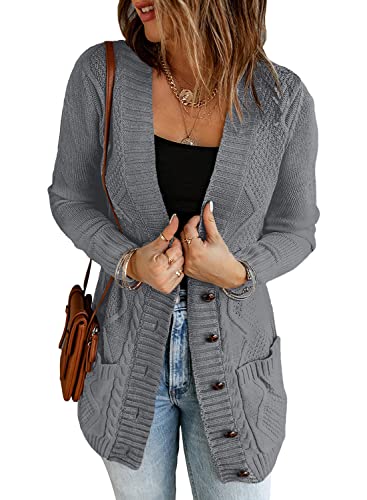 Roskiky Damen Strickjacke mit Knopfleiste vorne, langärmelig und Zopfmuster Dunkelgrau Größe XL von Roskiky