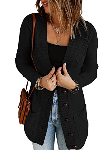 Roskiky Damen Strickjacke mit Knopfleiste vorne, langärmelig und Zopfmuster Schwarz Größe S von Roskiky