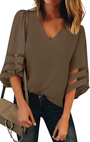 Roskiky Frauen Bluse, 3/4 Glocken Ärmel mit Netzstoff am Ärmel Braun XX-Large von Roskiky