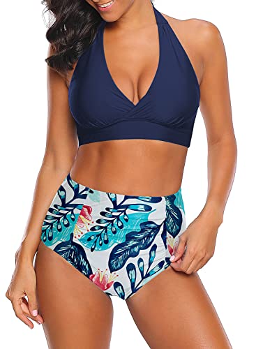 Roskiky Frauen Neckholder Bikini Set mit hoher Taille gerüscht Tankini Bottom Blau Größe S von Roskiky