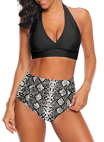 Roskiky Frauen Neckholder Bikini Set mit hoher Taille gerüscht Tankini Bottom Dunkles Schwarz Größe L von Roskiky