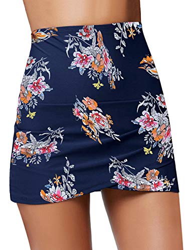 Roskiky Geraffelte,hoch-taillierte Damen-Schwimm-Skorts mit Tulpen Saum, M, A-marine Blumen von Roskiky