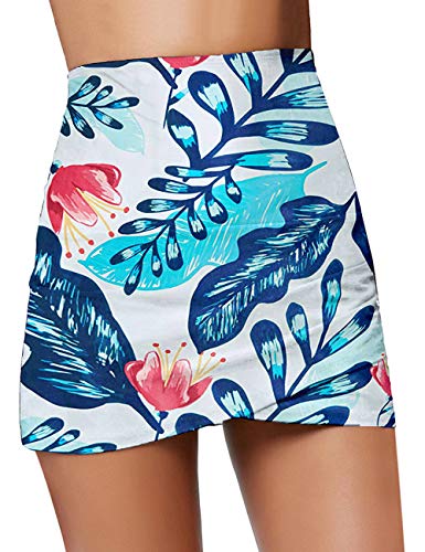 Roskiky Geraffelte,hoch-taillierte Damen-Schwimm-Skorts mit Tulpen Saum, XXL, A-weiß Palme von Roskiky