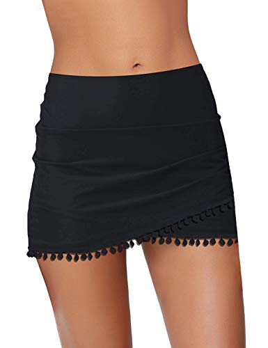 Roskiky Geraffelte Hoch Taillierte Quaste Damen Schwimm Skorts mit Tulpen Saum, L, Z-schwarz von Roskiky