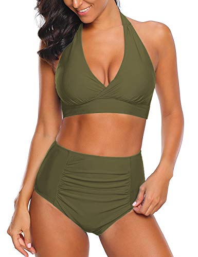 Roskiky Halter Bikinioberteil mit vorderseitigem Knoten, hoch taillierte Tankini Hose mit leichten Rüschen Militärgrün Größe L von Roskiky