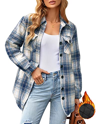 Roskiky Flanellhemd Jacke Damen Flanellhemd Damen Hemdjacke Damen Übergroße Button Down Hemdjacke Herbstmode Damen Blau Plaid Größe XX-Large von Roskiky