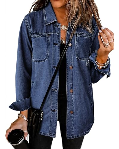 Roskiky Herbstmantel Damen Jacket Damen Sommer Jeansjacke Blau Mit Tasche Western-Arbeitsjacke Nightfall Blue S von Roskiky