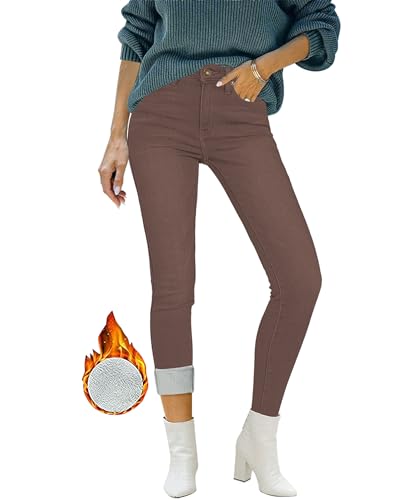 Roskiky High Waist Jeans Damen Jeans Braun Damen Jeans Weise Hosen Jeans Damen Winterhose Damen Skinny Warme Winter Jeans Gefuetterte Jeans Leggings Cappuccino S von Roskiky