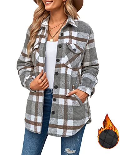 Roskiky Hemdjacke Damen Kariert Große Größen Karierte Bluse Damen Karohemd Damen Karierte Jacken Für Damen Flanell Gesteppte Shacket Mäntel Grau Plaid Größe X-Large von Roskiky