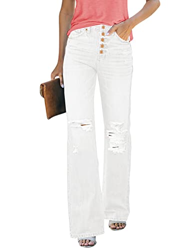 Roskiky Damen High Waist Jeans - Löcher Schlaghose, Weiße Jeans, Elegantes Kostüm - Größe M von Roskiky