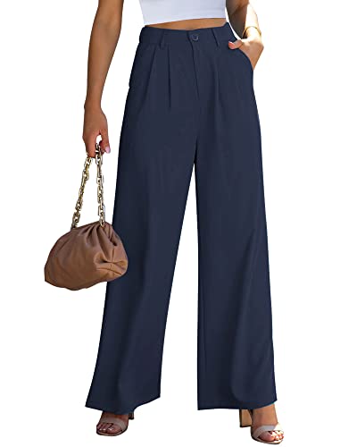 Roskiky Hosen Damen Lockere Hose Damen Wide Leg Hose Damen Damen Chino Hose Cargo Hose Y2K Viskose Hose Damen Sommer High Waist Stoffhose Damen Blau L von Roskiky