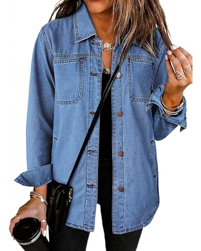 Roskiky Jacke Herbst Damen Übergangsjacke Damen Lang Jeansjacke Hellblau Mit Tasche Western-Arbeitsjacke Medium Blue S von Roskiky