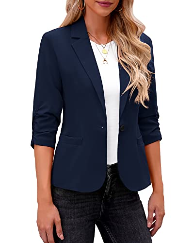 Roskiky Jacket Damen Blazer Jacke Damen Frühling Blazer Hellblau Damen Blazer 3/4 Arm Damen Herbst Jacke Damen Kuscheljacke Damen Navy Blue S von Roskiky