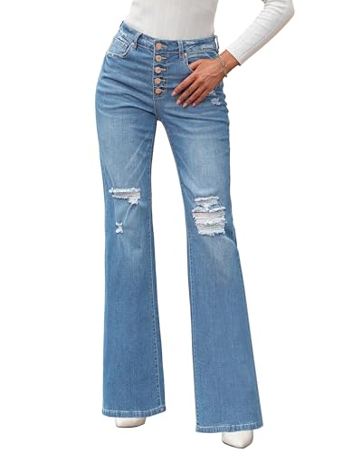Roskiky Bootcut Jeans Damen Breite Stretch Hosen Plus Size Himmelblau XL von Roskiky