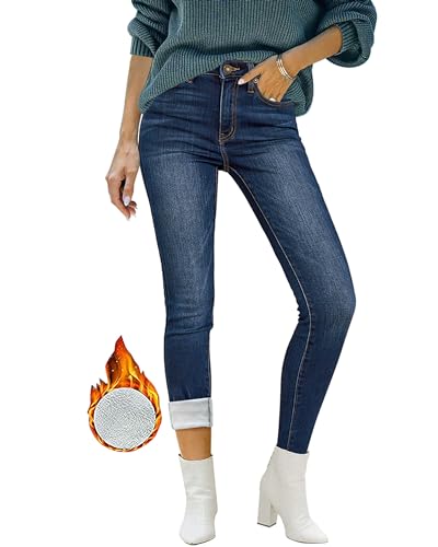 Roskiky Jeans Damen High Waist Hosen Teenager Mädchen Warme Hose Leggings Jeansoptik Hellblau Dunkelblau XS von Roskiky