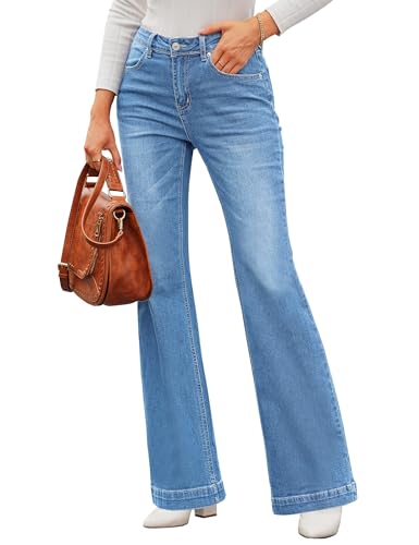 Roskiky Jeans Damen High Waist Jeans Damen Bootcut Jeans Damen Stretch Mom Jeans Damen Baggy Jeans Y2K Denim Jeans Frauen Hellblaue Jeans Damen Straight Mittelblau L von Roskiky