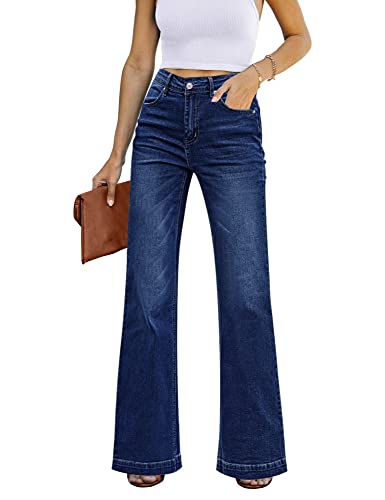 Roskiky High Waist Bootcut Jeans Damen Stretch Mom Breite Schlaghose 70Er Dunkelblaue Tiefblau XXL von Roskiky