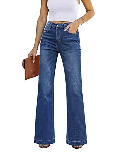 Roskiky Damen High Waist Bootcut Jeans Stretch Mom Hosen Wide Leg Dunkelblau XS von Roskiky
