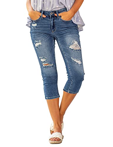 Roskiky Jeans Damen High Waist Mit Löchern - Mädchen Slim Fit Hellblau 7/8 Leggings XXL von Roskiky