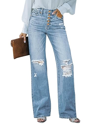 Roskiky Jeans Damen High Waist Schlaghose Damen Jeans mit Löchern Stretch Baggy Jeans Kühles Blau L von Roskiky